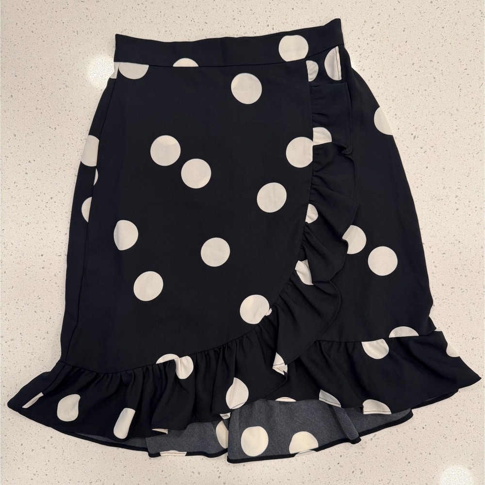 ModCloth Ruffle Skirt Womens 2 Black Good Polka Dot Retro Chic Wrap Style